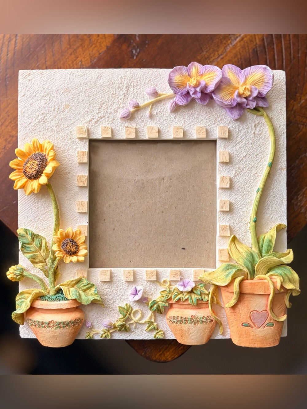 Sunflower & Purple Orchid in Cottage Pots 3D Textured Picture Frame Art